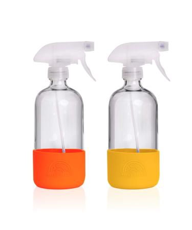 SAVVY PLANET Empty Clear Glass Spray Bottles with Silicone Sleeve Protection - Refillable 16 oz Containers for Cleaning Solutions Essential Oils Misting Plants - Quality Sprayer - 2 Pack Red & Yellow