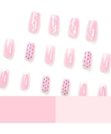 Mouyouglow Press-On Nails | Ombre Pink White French 3D Rhinestones & Butterfly Print | Long Square Fake Nails with Glue | Pink Artificial Fingernails W8 - Shop Internationally! - Buy Online on GoSupps.com