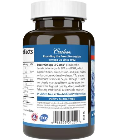 Carlson Super Omega-3 Gems Norwegian 1 200 mg Omega-3s 100 Soft Gels - Buy Online on GoSupps.com