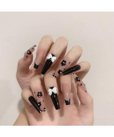 French Tip Press on Nails - Long T Press On Nails with Nail Tips White Bowkot and Black flower with white pearl design Black false nails press on nails Acrylic False Nails Cute Artificial Nails