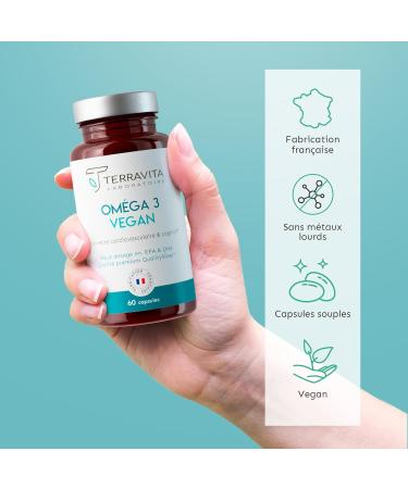 Vegan Omega 3 | Patented OmegaVie Oil from Schizochytrium Microalgae | 300 mg DHA and 150 mg EPA per Capsule | Guaranteed No Heavy Metals | 60 Capsules | Made in France | Terravita - Buy Online on GoSupps.com