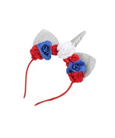Madison Tyler Unicorn Headband Sliver Glitter Horn Headbands  Cat Ear Head Bands for Women Girl  Red White and Blue Flowers Hair Accessories for Patriotic Independence Day 4th of July Red White Blue