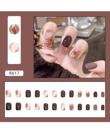 Gold & Brown Short Press On Nails - 24PCS Reusable Artificial Acrylic False Nails for Women - Buy Online on GoSupps.com