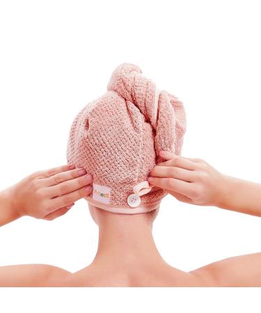 2 Pack Microfiber Hair Towel Wrap with Button - Pink & Beige | Dry Hair Hat for Quick Drying | Bath Hair Cap for Women - Buy Online on GoSupps.com