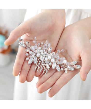 Evild Pearls Wedding Hair Comb Silver Crystal Bride Side Comb Rhinestone Bridal Headpieces Leaf Wedding Hair Accessories for Women