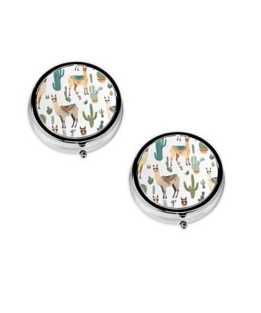 (Alpaca Llama) Round Pill Box 3 Compartment Pill Box Mini Decorative Pocket Purse Portable Travel Medicine Tablet Vitamin Holder Organizer Pill Case