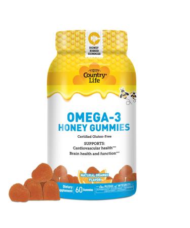 Country Life Omega-3 Honey Gummies Cardiovascular & Brain Health Support Non-GMO Certified Gluten Free Naturally Sweetened 60 Gummies