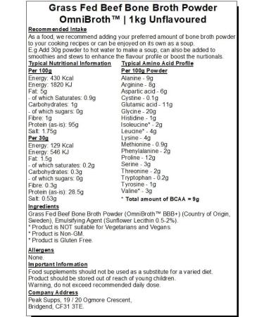 Grass fed Beef Bone Broth Powder 1kg - OmniBrothTM BBB+ High in protein collagen I II III - Buy Online on GoSupps.com