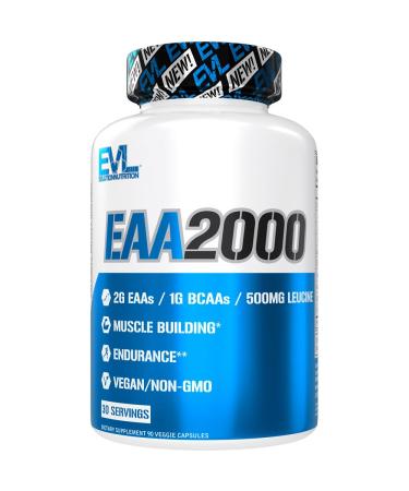 Evlution Nutrition EAA2000 - Pre & Post Workout Capsules - Muscle Building + Recovery Supplement - 2g Essential Amino Acids + 1g BCAAs - Endurance + Energy Support - 30 Servings