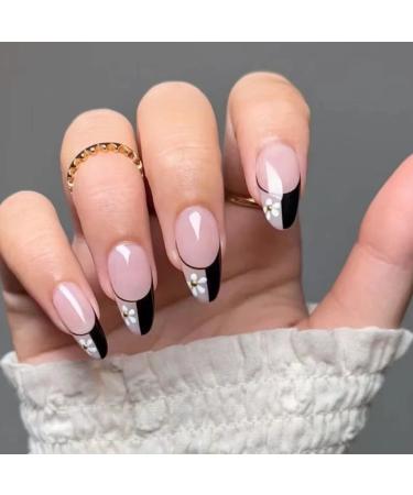 JUSTOTRY 24 Pcs Almond False Nails Short Black French Press on Nails Flower Pattern Pretty floral Fake Nails Short with Nail Glue Oval Stick on Nails for Women Nails Fake Nail for Nails Art black French &flower3