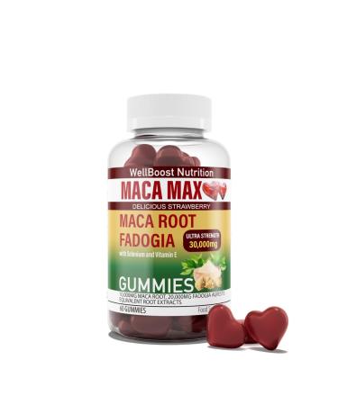 Maca MAX -Ultra Strength (30 000mg Equivalent Extracts) Maca Root Fadogia Root Selenium VIT E 60 Chewable Vegan Sugar Free Gummies for Adults -2000 mg Active per Serving Strawberry Flavour.