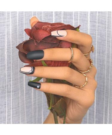 Sethexy French Matt Ballerina Black False Nails | 24 Stick Coffin Acrylic Nail Tips with Glue for Women & Girls - Buy Online on GoSupps.com