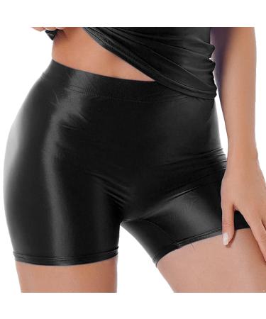 YiZYiF Women's Oil Glossy High Waist Workout Gym Shorts Dance Hot Pants Bikinis Yoga Booty Shorts Black Medium