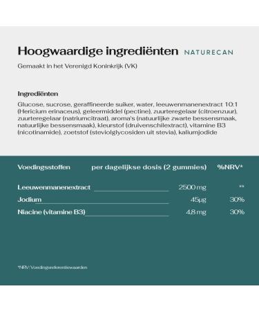  Naturecan Lion's Mane Gummy Candy 1500 mg per serving Lion's Mane Fruiting Body (Hericium erinaceus) Nootropic for Focus and Memory Vegan Myrtle Flavor - Buy Online on GoSupps.com