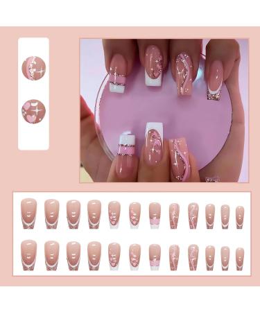 IMSOHOT Coffin Press on Nails - Long Acrylic French Ballerina False Nails | Glossy Full Cover Nude Glitter with Pink Heart Designs - 24PCS - Buy Online on GoSupps.com