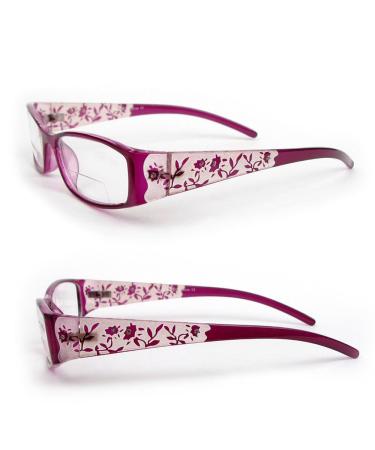 Reading Glasses Bifocal Floral Pattern Crystal Women's Readers (3.00 Purple) 3 Clear purple