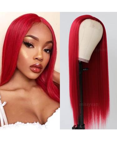 Missyvan Red Wig Long Straight Hair Synthetic Wig Ruby Red Hair Color Natural Looking Heat Resistant Fiber Hair Full Wig with Middle Parting F-red