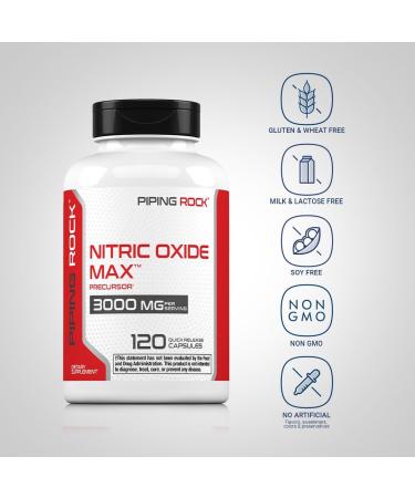 Piping Rock Nitric Oxide Supplement | 3000mg | 120 Capsules | Precursor for Men and Women | Max Blend with L Arginine and L Citrulline | Non-GMO Gluten Free - Buy Online on GoSupps.com