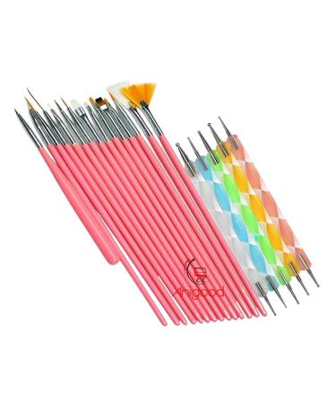 Nail Art Brush Set 20 Pieces Manicure Pedicure Kit Acrylic Pink White Handle Pen Designing Dotting Painting Tool (Pink)