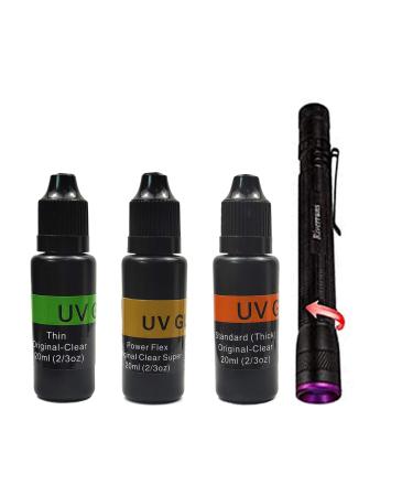 Riverruns UV Clear Glue Thick Thin Flew+UV Power 395nm Zoomable Pen Light for UV Glue Curing,Heads Bodies and Wings, Small Mini Stylus, IPX5 Water-Resistant Combo A:UV glue combo