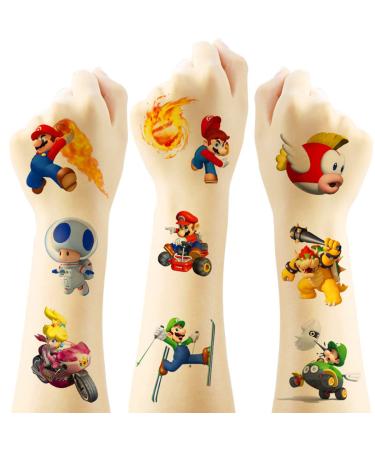 Mario Temporary Tattoos for Kids  60PC Cartoon Tattoos for Kids Girls Boys Mario Party Favors Fake Tattoos Stickers Birthday Party Supplies Birthday Decorations Party Game Activities Reward Gifts(2x2)