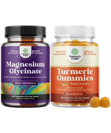 Bundle of High Absorption Magnesium Glycinate 500mg Per Serving - Calming Sleep Muscle Bone & Nerve Support and Turmeric Gummies for Joint Support with Turmeric Curcumin Black Pepper Extract & Ginger