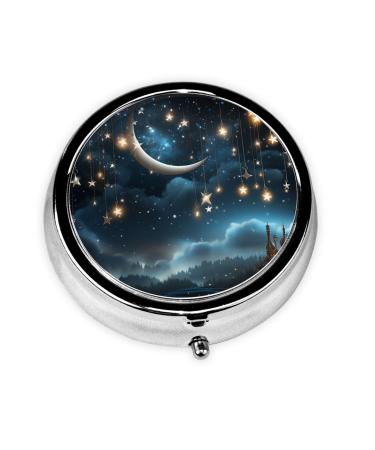Pill Box 3 Compartment Medicine Pill Organizer Nightsky Hanging Moon Stars Round Pill Case for Purse & Pocket Travel Pillbox Portable Metal Medicine Vitamin Fish Oil Organizer Unique Gift One Size Nightsky Hanging Moon Stars