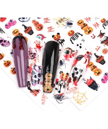 10 Sheets Halloween Nail Art Stickers Decals Self-Adhesive Pink Green Blood Skeleton Nail Supplies Nail Art Design Decoration Accessories - Buy Online on GoSupps.com