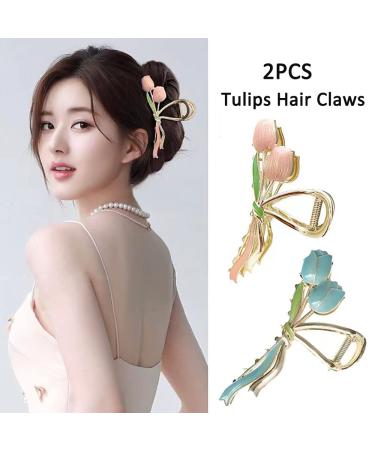 Non-Slip Metal Flower Hair Claw Clips - Strong Hold Butterfly & Mermaid Design for Women & Girls | 2pcs Tulips - Buy Online on GoSupps.com