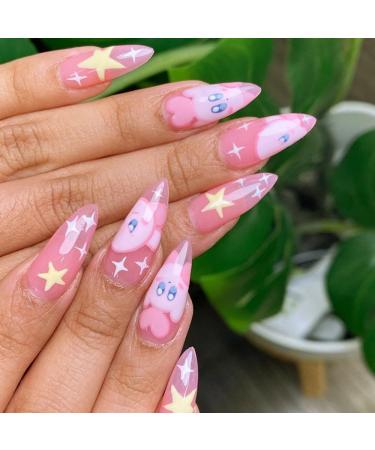 24 Pcs Pink Press on Nails Almond Medium Kawaii Cute Fake Nails Press ons Fashion Nail Tips Full Cover False Nails with Designs Stick on Nails Glue on Nails Acrylic Nail Kit Art for Women Manicure Style J