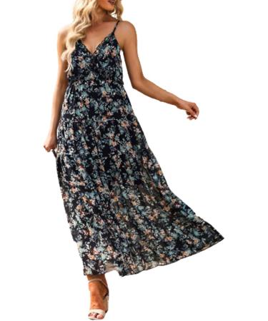Summer New Thin Shoulder Strap Gathered Frilly Floral Print Dress Long Sleeve Dresses for Plus Size Women Black XX-Large - Buy Online on GoSupps.com