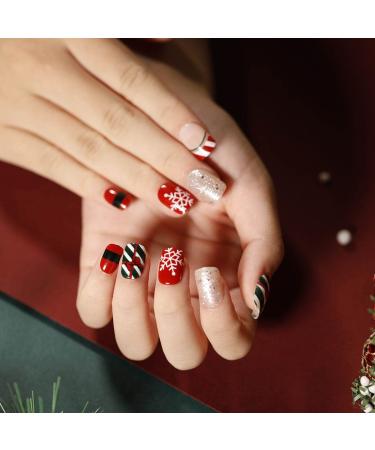 Bufenia 24Pcs Christmas Press on Nail Short Square Red Fake Nails Glitter Elk Snowflake False Nail Glossy Acrylic Full Cover Nails for Women and Girls (E)