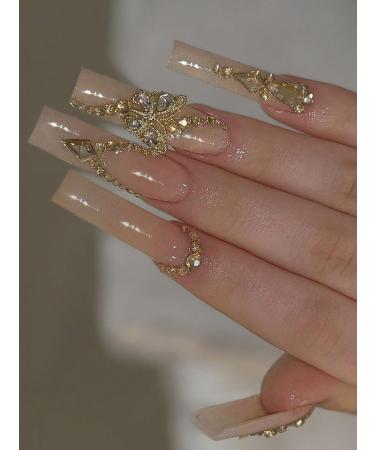 verysparkling 24pcs Butterfly Gold Coffin Fake Nail Rhinestone Gold Butterfly Press on Nails Trendy Butterfly Coffin Nails Luxurious Nails Acrylic Nails Fake Nails For Women Girls