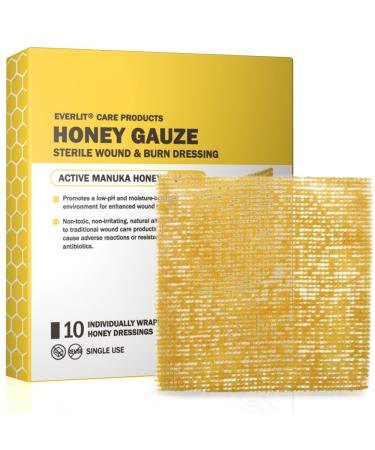 Everlit Care Honey Gauze - Medical Grade Manuka Honey Patches for Cuts Skin Tears Burns | Sterile Wound Care Burn Dressing 4" x 4" (Pack of 10)