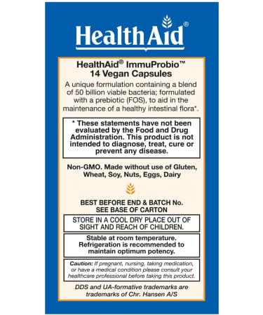 HealthAid ImmuProbio Once-Daily 50 Billion CFU Probiotic with Prebiotic Fiber (FOS) | 30 Strains Including DDS 1 | Acid & Bile Resistant Room Temperature Stable Vegan 14 Capsules - Buy Online on GoSupps.com