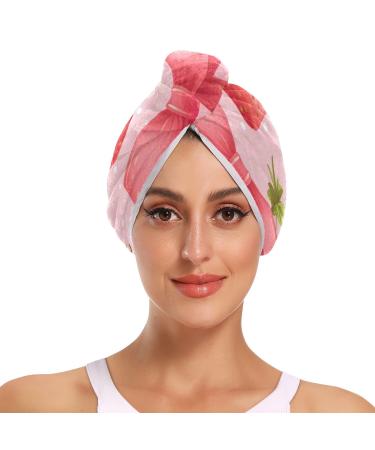 Bow Tie Strawberry Hair Towel 2 Pack Super Absorbent Hair Drying Towel Quick Dry Hair Turbans Head Towel with Button Twisty Wrap for Women Girls