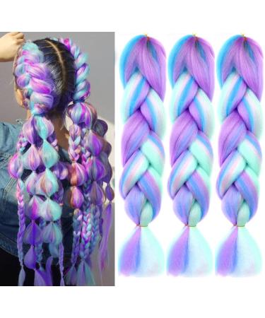 Kanekalon Ombre 4 Colors Mix Braiding Hair 3pcs Extensions Jumbo Hair Rainbow Color Colorful Twist Braid wigs Dreadlocks ( Pink /Purple/Green/Blue/ Light Cyan) (Lot 24Inch) ps18