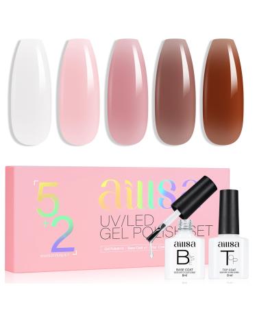 AILLSA Milky White Gel Nail Polish Set Nude Sheer Pink Brown Gel Polish with Base and Top Coat Jelly Natural Neutral Nail Polish Gel Soak Off U V Starter Kit Gift DIY Manicure at Home A2-amber Brown