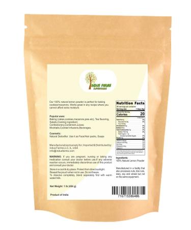 Indus Farms 100% Natural Lemon Powder 1 LB Nutritious Baking/Cooking Ingredient Instant Lemonades GMO-Free Vegan Free from Refined Sugars 1 Pound (Pack of 1) - Buy Online on GoSupps.com