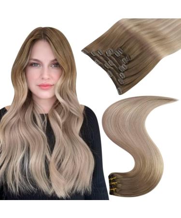 Easyouth Balayage Clip in Hair Extensions Real Human Hair Double Weft Clip in Extensions Brown to Blonde Ombre Hair Extensions Clip in 22 Inch 120g 7Pcs 22" 2-7Pcs Clip #8/60/18