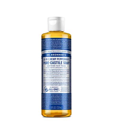 Dr. Bronner's - Pure-Castile Liquid Soap (Peppermint, 8 Ounce) - Made with Organic Oils, 18-in-1 Uses: Face, Body, Hair, Laundry, Pets and Dishes, Concentrated, Vegan, Non-GMO Peppermint 8 Fl Oz (Pack of 1)