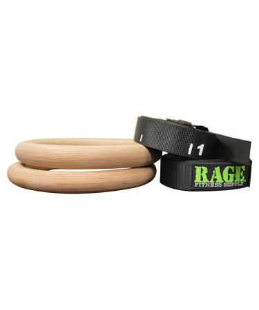 RAGE Fitness Performance Gymnastics Rings, Hardwood Rings, Adjustable 18 x 1  Nylon Straps, Quick Release Buckles, Great for Crossfit, Strength Training.