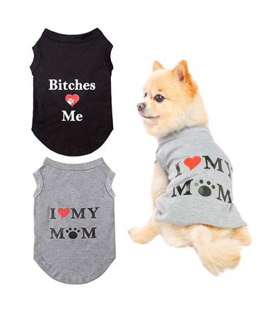 Dog T Shirts Pet Vests Dog Clothes with Fashion Printing 2 Pack Small(Chest 13", Length 10.2") Black & Grey