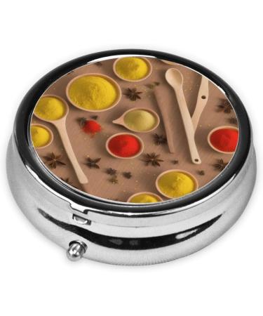 Mini Round Pill Box with Seasoning Print - 3 Compartment Portable Pill Organizer for Travel Home & Office - Buy Online on GoSupps.com