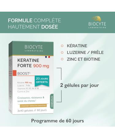 BIOCYTE Keratin Forte - Hair Growth Supplement - Keratin Biotin Vitamin B6 Zinc Horsetail Alfalfa - 120 Capsules - 60 Day Program - Buy Online on GoSupps.com