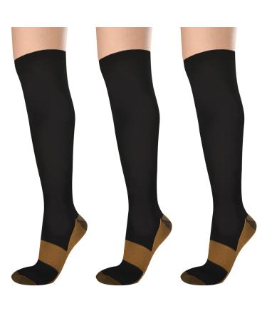 Ikfashoni 3 Pairs Copper Compression Socks for Women & Men Medical Compression Stockings Graduated 15-20mmHg Knee Height Suitable for Flight Travel Competitive Sports Running Pregnancy Nurse S-M Black