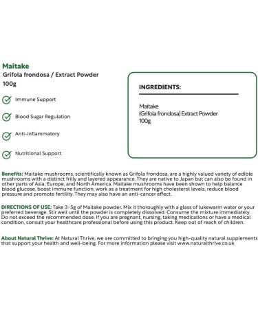 Natural Thrive Organic Maitake Mushroom Powder - Immune Support Natural Flavor Enhancer - Vegan Gluten-Free Non-GMO - 100g - Buy Online on GoSupps.com