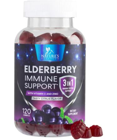 Elderberry Gummies - 3X Strength Black Elderberry Immune Support Gummy with Vitamin C D3 and Zinc for Kids & Adults Immune Health Support Supplement Gummy Black Elder Berry Vitamins - 120 Gummies 120 Count (Pack of 1)