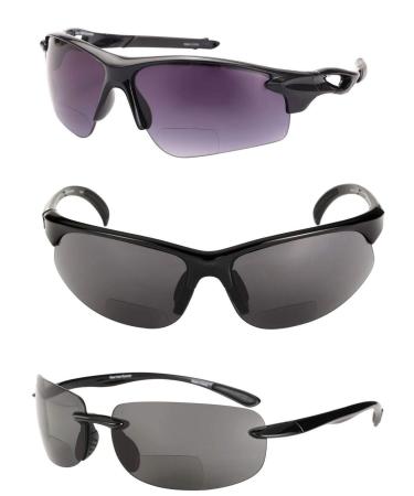 "The Allstars" 3 Pair of our Most Popular Bifocal Sport Wrap Unisex Sunglasses Black 1.75 x
