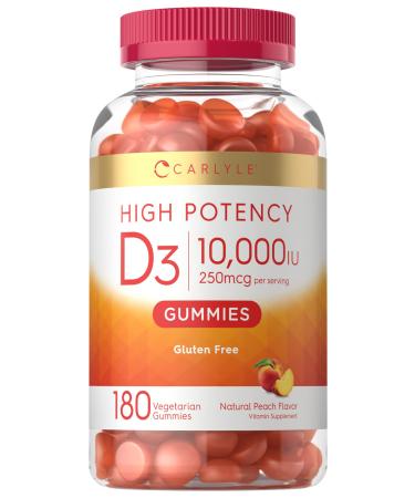 Carlyle Vitamin D3 Gummies | 10 000 iu | 180 Count | Vegetarian Non-GMO and Gluten Free Formula | High Potency Vitamin D Supplement | Natural Peach Flavored Gummies